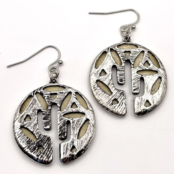 Round Western Leopard Print Animal Print Saguaro Cactus Outline Dangle Earrings - Picture 3 of 5